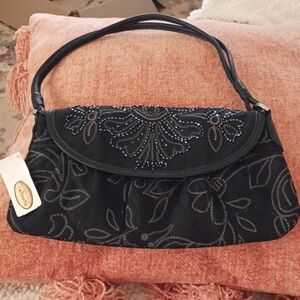 Talbots handbag purse beaded embroidery fabric floral evening black